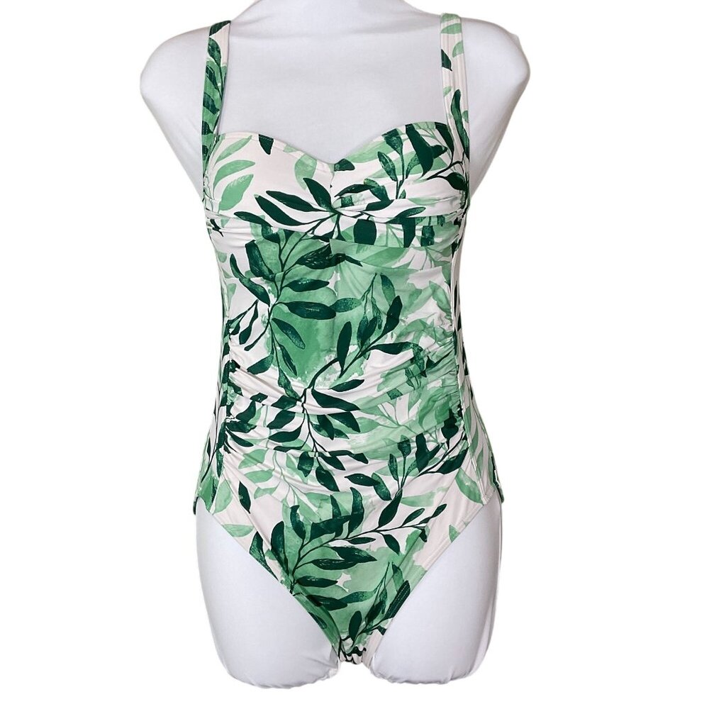 Nip Tuck Swim Oasis Green Leaf Print Joanne Twist Front One Piece Swimsuit 6 - Picture 1 of 10